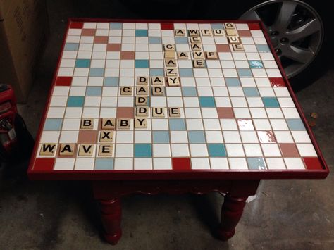 Scrabble board table 30"x30" made from 2" ceramic and glass tiles. Letter tiles are from 1 3/4" lattice. Ceramic Letters Ideas, Scrabble Table, Scrabble Tile Crafts, Scrabble Board, Tile Crafts, Scrabble Tiles, Glass Tile, Lattice, Art Classes