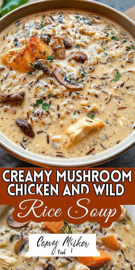 Indulge in the cozy flavors of this Creamy Mushroom Chicken and Wild Rice Soup—a perfect blend of hearty chicken, savory mushrooms, and wild rice! This comforting, one-pot recipe is easy to make and packed with wholesome ingredients. Ideal for chilly nights or meal prep, this dish will warm you up and satisfy your hunger. 👉 Try this simple, delicious recipe today and elevate your weeknight dinners! #SoupSeason #ComfortFood #ChickenSoup #CreamyMushroomSoup #WildRiceSoup #EasyDinner Creamy Chicken With Rice Soup, Hearty Supper Ideas, Creamy Chicken Rice Soup Recipes, Crockpot Chicken And Wild Rice Soup, Creamy Mushroom Rice Recipes, Chicken Soup Recipes Instant Pot, Chicken And Mushroom Soup Recipes, Creamy Mushroom Soup Recipes, Hearty Soup Recipes Comfort Foods