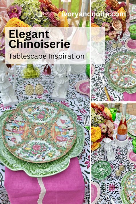 Welcome to the world of Chinoiserie! Whether you are looking for a unique table setting for a spring soiree or an exotic and lavishly decorated tablescape, a Chinoiserie themed table is sure to be the perfect fit. With vibrant colors, intricate designs, and a touch of opulence, this style of table setting will leave your guests in awe. Get ready to be transported to the far east as you explore the different designs, patterns, and tableware that make up a Chinoiserie table design. Chinoiserie Tablescape, Dinner Table Setting Ideas, Chinoiserie Party, Colorful Chinoiserie, Harvest Table Setting, Table Landscape, Chinoiserie Wedding, Chinoiserie Table, Tropical Theme Party