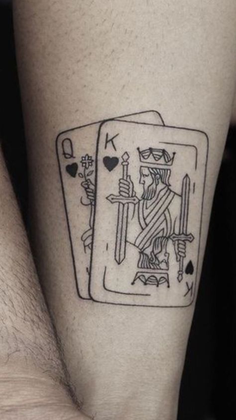 Minimalist Card Tattoo, King And Queen Cards Tattoo, King Cards Tattoo, King Playing Card Tattoo, Hand Holding Cards Tattoo, Playing Cards Tattoo Design, Card Tattoos For Men, Playing Card Tattoo Ideas, Deck Of Cards Tattoo