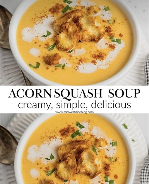 Thanksgiving recipes fall squash soup Squash Corn Soup, Leftover Acorn Squash Recipes, Soups With Squash, Salad With Acorn Squash, Acorn Squash Recipes Soup, Acorn And Butternut Squash Soup, Acorn Squash Sweet Potato Soup, Squash Soup Acorn, Acorn Squash And Carrot Soup