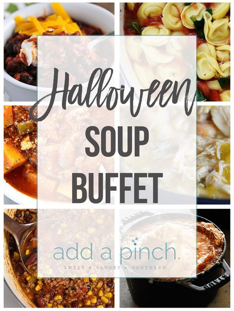 Halloween Crockpot, Soup Party Ideas, Buffet Menu Ideas, Soup Buffet, Halloween Soup, Halloween Party Menu, Soup Menu, Halloween Potluck, Soup Bar