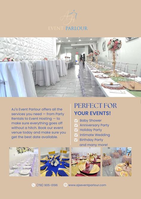 Rent an #affordable venue in Queens, New York for your next holiday party! Contact us to book our space now!! 📞 (718) 905-0196 🌐 ajseventparlour.com #party #event #eventplanner #venue #newyork #queens #newyorkeventspace #smallbusiness #blackbusiness #birthday #babyshower #bridalshower #sweet16 #partyplanner #outdoor #patio #dinnerparty #intimatewedding Event Planner Office, Venue Marketing, Event Space Business, Prom Venues, Book Marketing Plan, Event Space Design, Event Space Rental, Publish A Book, Party Deco