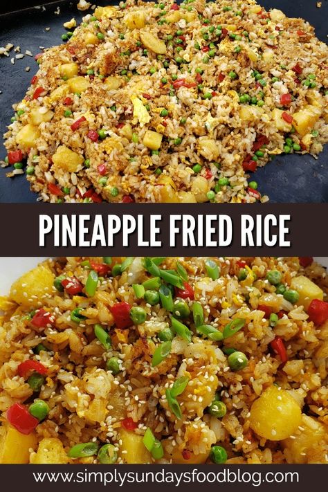 A colorful fried rice with the added flavor boost of pineapple chunks and juice. The perfect balance of sweet and savory Pineapple Fried Rice Blackstone, Pineapple Pork Fried Rice, Hawaiin Fried Rice, Fried Rice Pineapple, Pineapple Rice Bowl, Pineapple Rice Recipes, Brown Rice Recipes Easy, Hawaiian Rice, Coconut Fried Rice