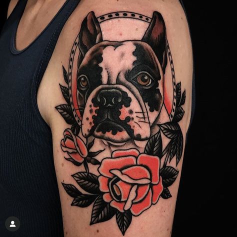 French Bulldog Tattoo Old School, Tattoos Reference, American Traditional Sleeve, Traditional Portrait, Trad Tattoos, French Bulldog Tattoo, Bulldog Tattoo, Custom Tattoos, Traditional Sleeve