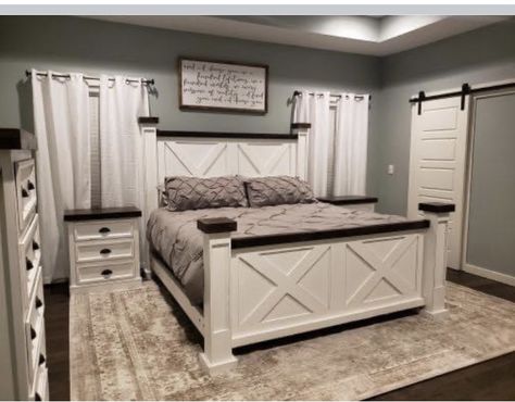 Mobile Home Remodel Bedroom, Single Wide Master Bed Remodel, White Farmhouse Bedroom Furniture, Western King Bed Frame, White Wooden Bed Frame Bedroom Ideas, Western Bed Frames, Antique Wood Bed Frame, Wood Bed Frame Bedroom Ideas, Neutral Master Bedrooms Decor