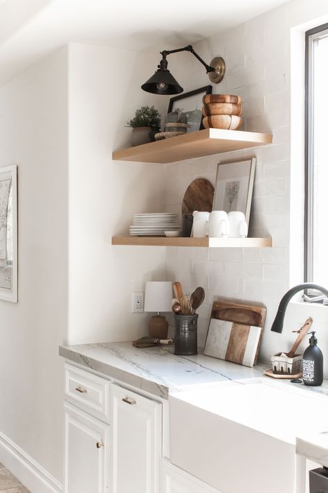 Check out our instagram for styling tips! Photo by @public311design Kitchen Shelf Design, Coastal Cottage Kitchen, Corner Shelving, Kitchen Open Shelves, Shiplap Kitchen, Open Kitchen Shelves, Kitchen Corner, Coastal Kitchen, Cottage Kitchen