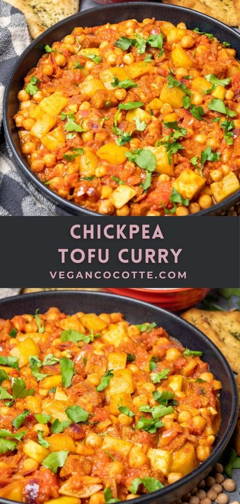 Chickpea Tofu Curry Chickpea And Tofu Curry, Tofu Chickpea Curry, Tofu With Chickpeas, Vegan Tofu Curry Recipes, Tofu Curry Indian, Chickpea And Tofu Recipes, Curry Tofu Recipes, Luteal Meals, Chickpea Tofu Recipes