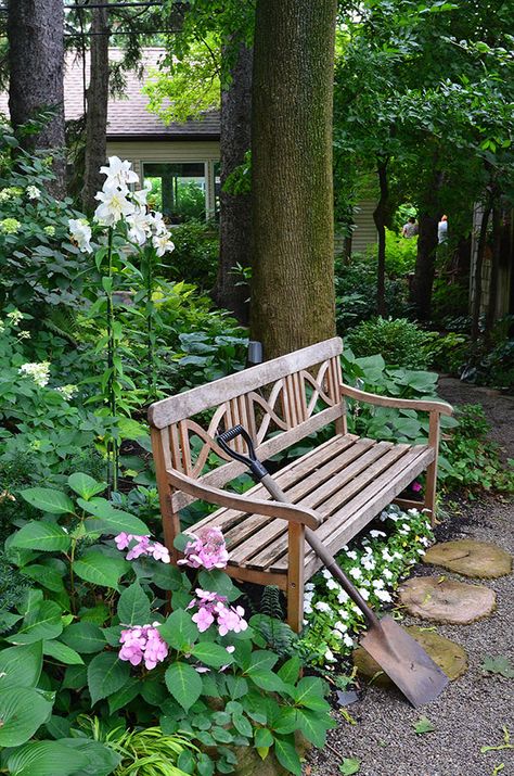 The Humble Garden Bench - a great place to sit and a fantastic garden feature and accessory. Garden benches provide a welcome focal point and a place to sit and while away some time. Garden Storage Shed, Nice Place, Woodland Garden, Garden Seating, Wooden Bench, Garden Features, Garden Bench, Garden Cottage, Garden Accessories