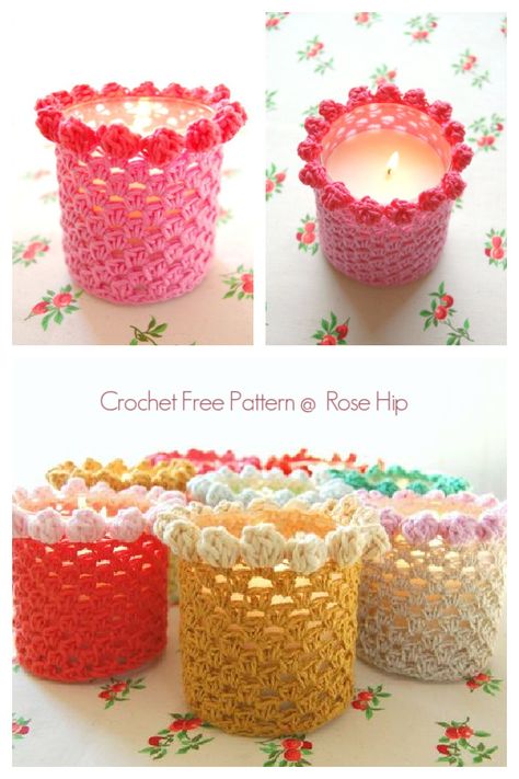 Crochet Tealight Holder, Crochet Candle Cozy Free Pattern, Crochet Vase Holder, Crochet Candle Holder Pattern, Crochet Candle Cozy, Crochet Candle Holder, Crochet Centerpiece, Candle Reuse, Crochet Vase