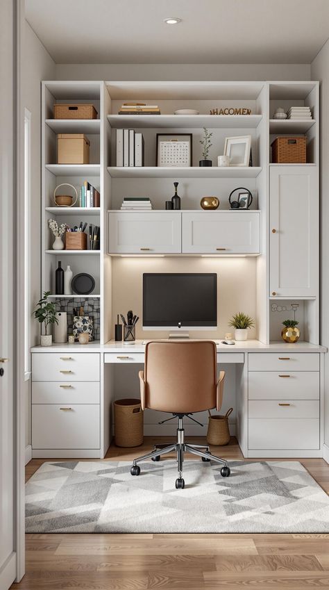 Tiny Office Space Ideas Office Space With Storage, Tiny Office Layout, Small Office With Cabinets, Wall Mounted Office Storage, Tiny Office Storage Ideas, Hideaway Office Space, Built In Office Desk And Cabinets Small Space, Small Office Ideas With Storage, Office Break Room Ideas Small Spaces