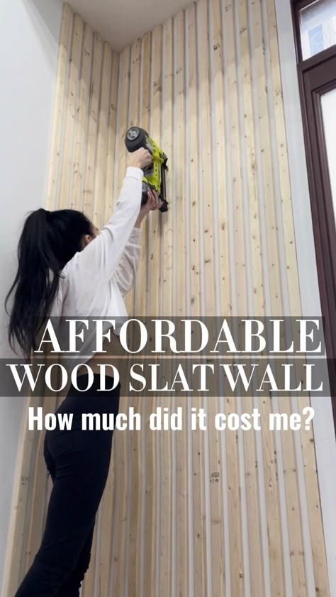 Gina + Jason | DIY & Design | BUDGET FRIENDLY WOOD SLAT DIY! One of the top questions I get is how much our projects cost and the materials we use. By popular... | Instagram Wood Slat Accent Wall Diy, Wall Wood Accent Ideas, Diy Wood Slat Wall Entryway, Bathroom Wall Treatments Wood, Wood Slats On White Wall, Wood Panelling Walls Kitchen, Wood Wall Design Ideas Office, Farmhouse Slat Wall, Slat Wall Horizontal