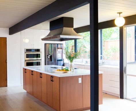 Kitchen With Beam, Eichler Kitchen, Teal Kitchen Cabinets, Interior Design Portfolios, Eichler Homes, Black Kitchen Island, White Kitchen Island, New Kitchen Designs, Shelving Design