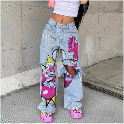 Discover the perfect blend of Y2K nostalgia and modern style with our high-waisted, ripped, wide-leg jeans. Ideal for casual chic looks, these jeans feature a unique printing design and thick edges for added flair. Embrace retro vibes with a contemporary twist! Y2k jeans. Ripped jeans. Baggy jeans. Hoco Pants, Pants Trend, Super Fly, Breathing Room, Jeans Long, Jean Large, Pant Trends, Y2k Outfits, Blue Rose