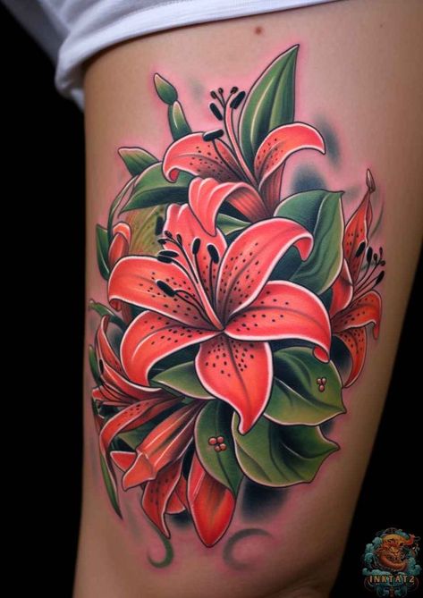 Red Tiger Lily Tattoo, Roses And Lilies Tattoo, Orange Lily Tattoo, Lilly Tattoo Color, Daylily Tattoo, Lily Tattoo Color, Lily Tattoos For Women, Lilly Tattoos, Tiger Lily Tattoo