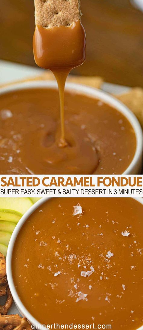 Caramel fondue is a fun and easy interactive sweet and salty dessert with just three ingredients the whole family will LOVE! #caramel #fondue #caramelfondue #saltedcaramel #dip #side #dessert #dinnerthendessert Carmel Fondue Recipe, Healthy Fondue Recipes, Carmel Fondue, Breakfast Fondue, Halloween Fondue, Fall Fondue, Caramel Fondue, Fondue Ideas, Easy Fondue Recipes