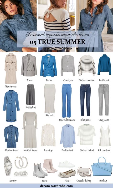 Cool (True) Summer Color Palette and Wardrobe Guide – Dream Wardrobe Summer Cool Light Fashion, Summer Clothing Palette, Soft Summer Colour Palette Fashion, Denim For Soft Summer, Outfits For Summer Coloring, Summer Soft Color Palette, Outfits For Cool Summer Palette, Cool Light Summer Outfits, Soft Cool Color Palette