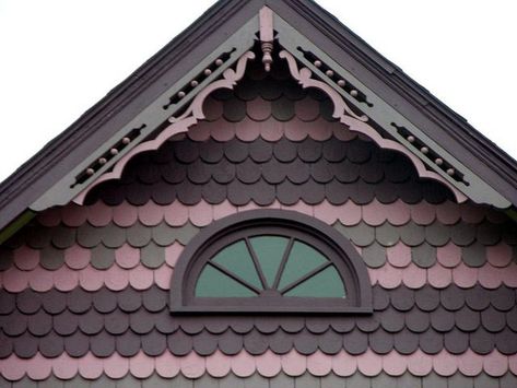 On Victorian and Queen Anne buildings, fish scale shingles were used extensively as a finishing element. These are generally wood and are most frequently found on the gable or upper section of the buildings. by KY Treasures I, via Flickr: Victorian House Colors, Basement Designs, Architecture Styles, Queen Anne House, Victorian Porch, Victorian Exterior, Tiny House Exterior, House Trim, Pole Barns