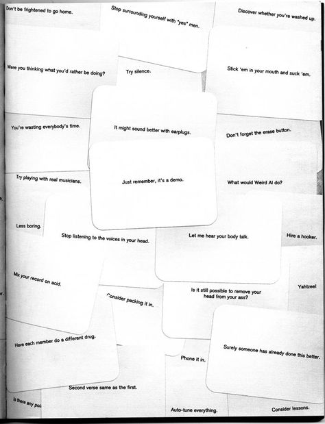 oblique strategies Oblique Strategies, Brian Eno, Schmidt, Literacy, Thinking Of You, Tool Design, Cards Against Humanity, Funny