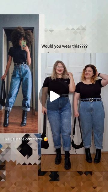 Judith+Ines | curvy style & body acceptance on Instagram: "Real friends don't copy - they match 😉❤️

So here's some proof that cool outfits look good on EVERY BODY, tall, short, large, small, straight or curvy...just rock the looks you like 😎 

Love adding even more body diversity to our lil corner of the internet, so thanks for doing this look with me @stephi_zlabinger 😍❤️

We both absolutely adore this outfit for it's simplicity and comfort, buy apart from practical I think it's also REALLY cool! 
What do you think of this look? Would you wear it? 
Tell us in the comments 😘
#stylehasnosize #pinterestinspired #curvyinvienna 

[Video description: Ines and her friend Stephi are showing you a pinterest pic of a tall skinny woman wearing black boots, mom jeans, a black top, black belt and Tall Curvy Women Outfits, Boots Mom Jeans, Short And Curvy Outfits, Outfits For Short Women Curvy, Wardrobe Overhaul, Short Large, Chubby Fashion, Curvy Style, Body Acceptance