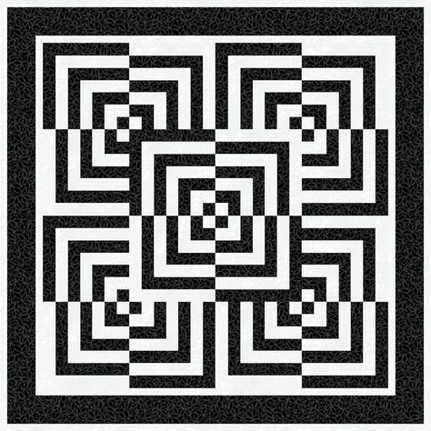 Pattern Optical Illusion, Escher Quilt Patterns, Black Log Cabin, Simple Optical Illusions, Illusion Black And White, Log Cabin Modern, Geometric Illusion, Block Foundation, Illusion Pattern