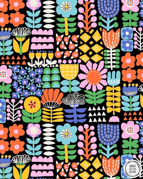 Sandra Hutter’s Instagram post: “My "Maximalist Folk Art" design for this week's @spoonflower challenge in a new color version with a black background. Now available on…” Folk Art Flowers, Art Licensing, Art Flowers, Pretty Prints, Black Wallpaper, Surface Pattern Design, Surface Pattern, Creative Process, Fabric Wallpaper