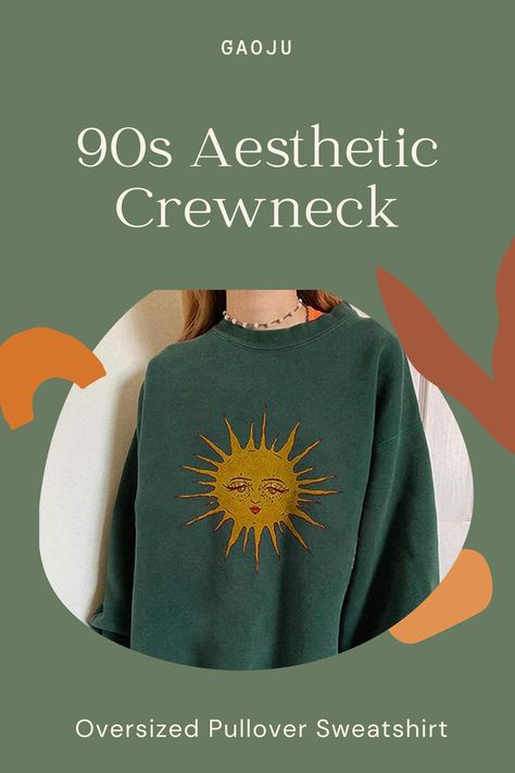 GAOJU green crewneck sweatshirt with 90s indie aesthetic design. 90s Sweatshirt Outfit, 90s Indie Aesthetic, Aesthetic Crewneck, 90s Indie, Campus Life, 90s Sweatshirt, Dropped Shoulder Sweatshirt, Indie Aesthetic, Sweatshirt For Women