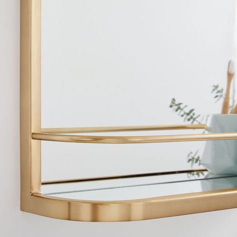 Brass Bathroom Shelf, Bathroom Mirror With Shelf Underneath, Shelf Above Bathroom Sink, Mirror With Shelf Underneath, Shelved Mirror, Farm Renovation, Dark Apartment, Shelf Mirror, Vanity Shelf