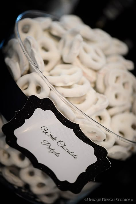 Candy anyone? Vessels and custom labels from Tiffany Cook. Candy table to go coming soon to tiffanycookevents.com #candytable Black And White Treats Table, Black And White Snacks, Black And White Candy Bar, Black And White Dessert Table, Black Tie Birthday Party, White Dessert Tables, Remain Nameless, Black And White Ball, Black Dessert