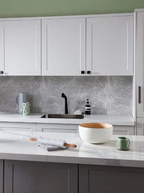 modern white kitchen with shade a sage green and grey marble splashback Kitchen Splashback Ideas, Kitchen Splashback Designs, Splashback Ideas, Bathroom Splashback, Kitchen Splashback, Kitchen Installation, Bathroom Laundry, Grey Marble, Brushed Aluminum