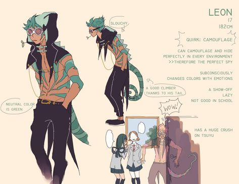 Liya 🍓hiatus🍑🍓 en Twitter: "Leon the chameleon wow so lame #bnhaoc… " Superhero Characters, Hero Costumes, My Hero Academia Memes, Buko No Hero Academia, Superhero Design, Hero Academia Characters, Anime Inspired, Drawing Reference Poses, Fantasy Character Design