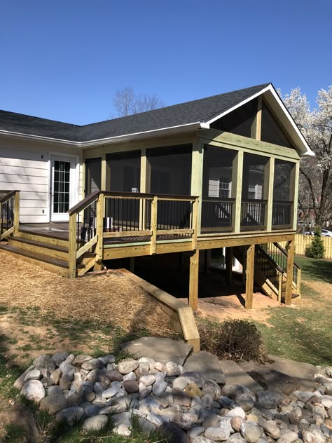 Half Screened In Porch, Manufactured Home Screened In Porch, Screened In Porch Deck Combo, Ranch Screened In Porch, Ranch House With Screened In Porch, Partial Screened In Porch, Screened In Deck Ideas Porch Addition, Screened Porch With Deck, Screened In Porch With Tv