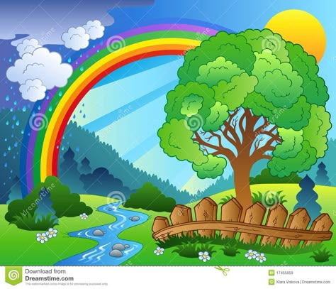 Illustration about Landscape with rainbow and tree - illustration. Illustration of rain, scene, cartoon - 17455659 Landscape With Rainbow, Scenery Drawing For Kids, Rainbow Drawing, Kids Nursery Art, Animal Art Projects, School Wall Art, School Murals, Murals For Kids, School Painting