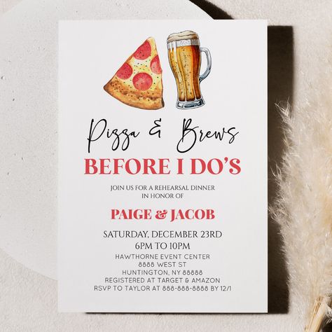 Wedding Rehearsal Pizza Dinner, Pizza And Beer Rehearsal Dinner, Small Rehearsal Dinner Ideas, Easy Rehearsal Dinner Ideas, Dinner Rehearsal Ideas, Pizza Themed Rehearsal Dinner, Simple Rehearsal Dinner Ideas, Grooms Dinner Ideas, Themed Rehearsal Dinner Ideas