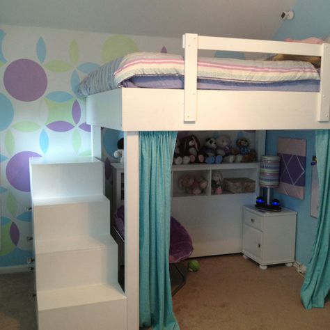 Loft bed with stair dresser and curtain reading nook underneath, also used as a stage for performances. Loft Bed With Sitting Area Underneath, Bed With Dresser Underneath, Loft Bed With Dresser Underneath, Loft Bed With Crib Under, Loft Bed With Crib Underneath, Low Loft Bed Curtains, Loft Bed With Dresser, Girls Loft Bed With Stairs, Loft Bed With Closet Underneath And Curtens