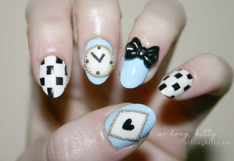 Disney Manicure, Alice In Wonderland Nails, Wonderland Nails, Disney Nail Art, Bow Nail Designs, Bow Nail Art, Nail Art Disney, Disney Nails, Get Nails