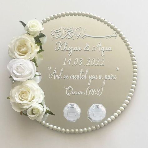 Nikah Plates, Nikkah Ring Plate, Nikah Mirror, Nikkah Theme, Designing Blouse, Ramadan Ideas, Engagement Ring Platter, Nikah Decor, Unique Wedding Cards