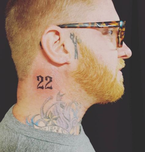 Neck Number Tattoo, Neck Tattoo Number, Number Face Tattoo, Number 22 Tattoo, 22 Tattoo Number Design, Number Neck Tattoo, 22 Tattoo, Gang Tattoos, Viking Tattoo Symbol