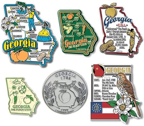 #ad Georgia Six-Piece State Magnet Set by Classic Magnets, Includes 6 Unique Designs Valdosta Georgia, Newark New Jersey, Georgia Usa, Magnet Set, Vintage Souvenir, State Map, Refrigerator Magnets, Blue Bird, Made In The Usa