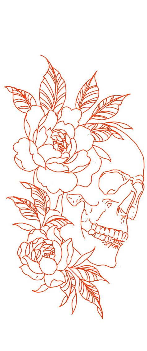 Skull And Flower Tattoo Stencil, Tattoo Outline Drawing Stencil Design Skull, Floral Sleeve Tattoo Stencil, Tattoo Stencils Unique, Skull And Flower Tattoo Drawing, Flower Sleeve Tattoo Stencil, Thigh Tattoos Women Stencil, Skull Tattoo Outline, Skull Outline Drawing