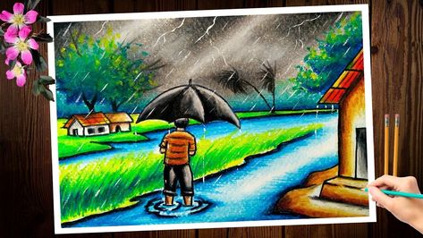 Rain Season Drawing, Rainy Season Scenery, Rainy Season Pictures, Scenery Drawing Easy, Rain Landscape, Rainy Day Drawing, Village Scene Drawing, Scenery Drawing For Kids, Village Drawing