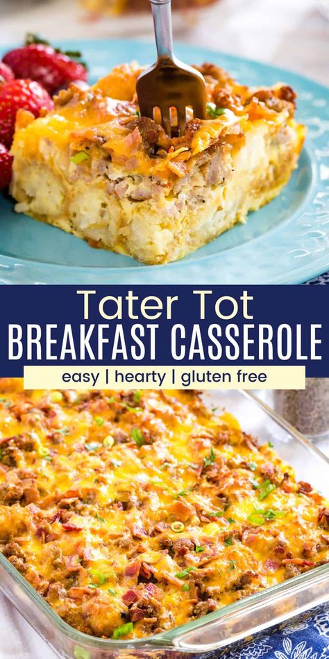 For a savory and hearty breakfast, make Tater Tot Breakfast Casserole! Packed with bacon, sausage, eggs, and plenty of cheese, this is a filling one-dish meal that will keep you going all morning long. It's perfect to feed a crowd, whether it's a holiday brunch or just a bunch of your kids' friends at a sleepover. And it's gluten-free! Egg Casseroles, Vegetarian Breakfast Casserole, Tot Breakfast Casserole, Easy Tater Tots, Breakfast Bakes, Tater Tot Breakfast Casserole, Breakfast Casserole Bacon, Tater Tot Breakfast, Breakfast For A Crowd