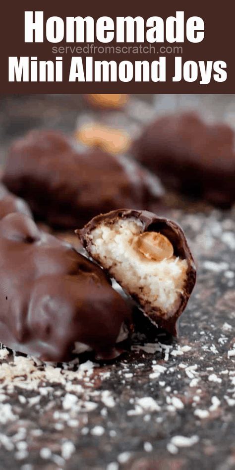 Homemade Mini Almond Joys are incredibly easy to make and taste just like the candy bar! #almondjoys #recipe #easy #candy #minicandy Almond Joy Bars Recipe, Candy Almonds Recipe, Almond Joys, Almond Joy Candy, Almond Joy Bars, New Years Appetizers, Dessert Inspiration, Almond Joy Cookies, Easy Candy