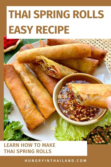 Try this simple Thai spring rolls recipe, filled with vegetables and ready to dip in peanut sauce or sweet chili. They're an easy, fried treat that makes a great appetizer or snack. Thai Fried Spring Rolls, Thai Vegetable Spring Rolls, Thai Rolls Spring, Thai Spring Rolls Recipe, Best Spring Roll Recipe, Thai Spring Rolls With Peanut Sauce, Spring Roll Recipe Vegetable, Spring Roll Wrapper Recipes, Asian Appetizer Recipes