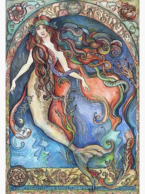 "The Mermaid_La Sirène." Art Print by FanitsaArt | Redbubble Art Nouveau Mermaid, Murmuration Art, Mermaid Canvas, Inspired Illustration, The Creative Process, Mermaid Art, Grand Art, A Mermaid, Painting Supplies