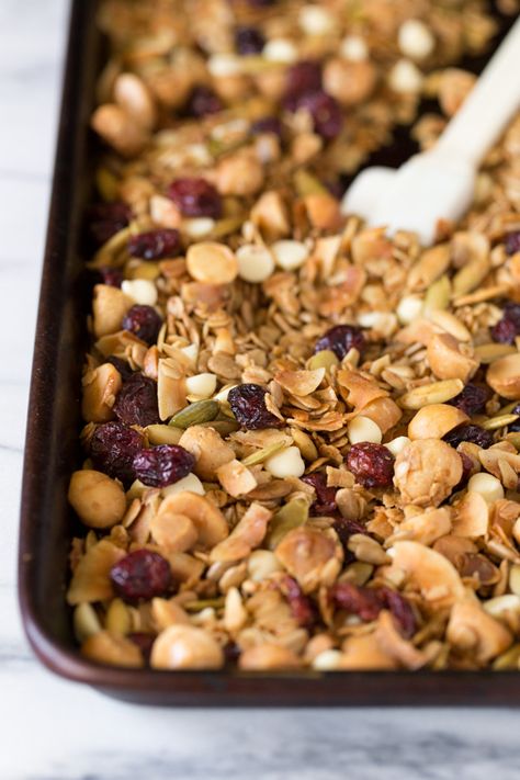 Coconut Cranberry White Chocolate Macadamia Nut Granola - the title says it all! Homemade granola Homemade Cereal, Nut Granola, White Chocolate Macadamia, White Chocolate Cranberry, Coconut Chips, Macadamia Nuts, Homemade Granola, Macadamia, White Chocolate Chips