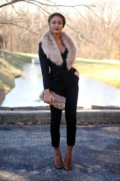 Black, leopard & faux fur via The Daileigh: 2013, The Final Walk How To Wear A Jumpsuit, Ebony Fashion, 2015 Fashion Trends, Fall 2015 Style, Fur Stole, Collar Coat, Fur Scarf, Black Leopard, Fur Fashion