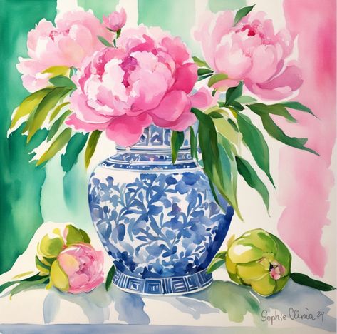 Watercolor Chinoiserie, Grandmillennial Decor, Chinoiserie Prints, Grandmillennial Style, Blue And White Art, Antique Paintings, Grand Millennial, Watercolor Flowers Tutorial, Art Watercolor Painting