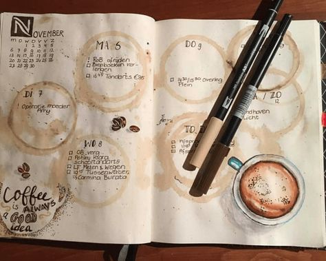 Coffee Bullet Journal, Fall Journal, Book And Coffee, Cozy Diy, Journal Layouts, Album Journal, Bullet Planner, Wreck This Journal, Diary Ideas