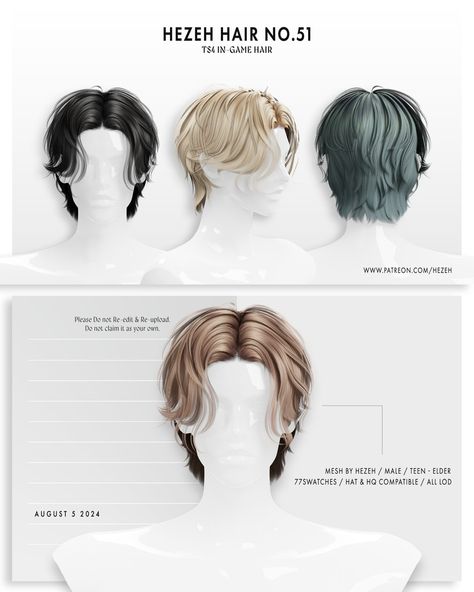 [Hezeh]Hair_No.51 | Patreon Emo Boy Hair, Sims 4 Hair Male, Mod Hair, Side Bangs Hairstyles, Sims 4 Anime, Pelo Sims, Sims 4 Game Mods, Sims 4 Cc Skin, Tumblr Sims 4